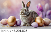 The concept of a bright Easter holiday. Delicate Easter eggs, a gray rabbit and tulip flowers on a pastel watercolor background with delicate veins. Стоковое AI-изображение, AI-художник Photojuli / Фотобанк Лори