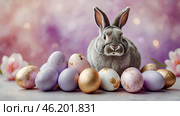 The concept of a bright Easter holiday. Delicate Easter eggs, a gray rabbit and tulip flowers on a pastel watercolor background with delicate veins. Стоковое AI-изображение, AI-художник Photojuli / Фотобанк Лори