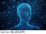 A digital visualization of a human head and upper body, consisting of many interconnected dots and lines resembling neural network structures. The glowing blue lines create a holographic or artificial intelligence effect, emphasizing the concept of digital consciousness. The background is dark, which enhances the feeling of futurism and technology. This visualization is associated with artificial intelligence, machine learning, network architecture, and virtual reality. Стоковое AI-изображение, AI-художник Анна Кривицкая / Фотобанк Лори