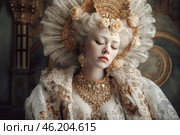 An aristocratic lady in a luxurious outfit reminiscent of the 18th century. Her image is inspired by the Baroque and Rococo eras, which is expressed in a lush lace dress, an exquisite headdress decorated with gold elements, roses and pearls. The lady has porcelain skin, refined facial features and delicate gold jewelry, including a massive necklace and earrings. Her gaze is lowered, creating an atmosphere of calm and thoughtfulness. The background consists of a richly decorated interior, probably a palace hall with gilded frames and carved elements. Стоковое AI-изображение, AI-художник Анна Кривицкая / Фотобанк Лори