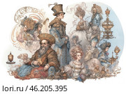 An artistic illustration in the style of historical and baroque art, depicting an aristocratic society of the past. In the center is an elderly man with a beard in luxurious oriental clothes, reminiscent of the Russian or Persian style, with a fur hat and a rich caftan. Around him are gathered other aristocrats - women and men in elegant dresses and suits in the style of the 18th century, with high wigs, lace, furs and decorative elements. Some of them are holding cups with drinks, perhaps tea. The composition is full of elegant details, complex ornaments and warm pastel colors, creating an atmosphere of sophistication and luxury. Стоковое AI-изображение, AI-художник Анна Кривицкая / Фотобанк Лори