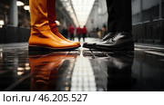 Two people standing opposite each other, focusing on their shoes. One of them wears bright orange shoes paired with matching trousers, creating a bold and dramatic look. The other person wears classic black leather shoes and tailored trousers, which emphasizes the formal style. The background is a long, modern corridor or shopping arcade with blurred silhouettes of people. The floor is wet and reflects the shoes, adding depth and drama to the frame. The composition conveys a contrast between styles, perhaps symbolizing the clash of opposites - classic and avant-garde, traditional and modern. Стоковое AI-изображение, AI-художник Анна Кривицкая / Фотобанк Лори