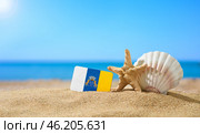 Tropical beach with seashells and Canaries flag. The concept of a paradise vacation on the beaches of Canaries. Стоковое фото, фотограф Никита Бурденков / Фотобанк Лори