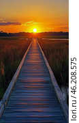 Sunset over a wooden walkway extending into a grassy marshland landscape. Стоковое AI-изображение, AI-художник Юлия Гапеенко / Фотобанк Лори