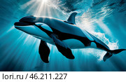 Majestic orca swimming gracefully in the serene blue waters of the ocean. Стоковое AI-изображение, AI-художник Сергей Толмачёв / Фотобанк Лори