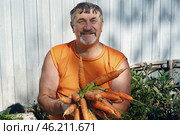 Enthusiastic Gardener Proudly Displays Freshly Harvested Carrots on a Bright Sunny Day. Стоковое фото, фотограф Оксана Медведева / Фотобанк Лори
