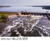 Landscape with concrete dam on river. Стоковое фото, фотограф Яков Филимонов / Фотобанк Лори