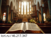 A minister leads a congregation in worship at Grand Christian Church during a Sunday service with stained glass illumination. Стоковое AI-изображение, AI-художник Sergey Grishin / Фотобанк Лори