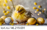 The concept of a bright Easter holiday. Delicate Easter eggs, yellow chickens, chicken and daffodil flowers on a pastel watercolor background with delicate veins. Стоковое AI-изображение, AI-художник Photojuli / Фотобанк Лори