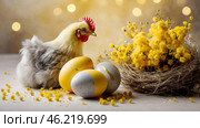 The concept of a bright Easter holiday. Delicate Easter eggs, yellow chickens, chicken and daffodil flowers on a pastel watercolor background with delicate veins. Стоковое AI-изображение, AI-художник Photojuli / Фотобанк Лори