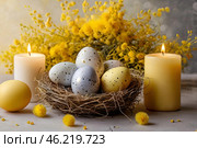 The concept of a bright Easter holiday. Delicate Easter eggs, yellow chickens, chicken and daffodil flowers on a pastel watercolor background with delicate veins. Стоковое AI-изображение, AI-художник Photojuli / Фотобанк Лори