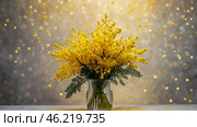 A beautiful fluffy bouquet of mimosa on a gray background. Close-up. The idea of spring and International Women's Day on March 8th. Стоковое AI-изображение, AI-художник Photojuli / Фотобанк Лори