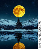 Bright disk of the moon, full moon. Night landscape. Стоковое AI-изображение, AI-художник Сергей Елизарьев / Фотобанк Лори