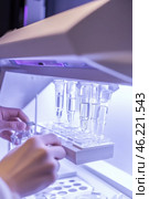 Scientist placing samples in automated analyzer for chemical analysis in laboratory. Стоковое AI-изображение, AI-художник Юрий Поздников / Фотобанк Лори