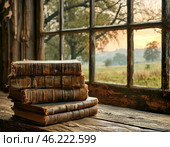 Old worn books lie in a pile on the table in front of the window, summer landscape. Стоковое AI-изображение, AI-художник Сергей Елизарьев / Фотобанк Лори