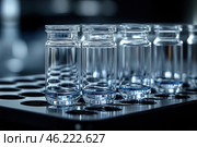 Glass medical ampoules or vials filled with a clear liquid. They are neatly arranged in a special metal or plastic holder with holes, which is used in laboratories and pharmaceutical production.The photo is made in a cold range with a predominance of bluish shades, which creates a feeling of sterility, purity and scientific precision. The light is beautifully refracted through the glass, giving the frame an aesthetic depth.The image conveys the atmosphere of laboratory research, drug production, medical tests or biotechnological developments. Стоковое AI-изображение, AI-художник Анна Кривицкая / Фотобанк Лори