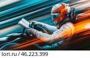A racing driver in a racing suit and helmet, sitting behind the wheel of a car. He is reading a book, despite the speed and intensity of the race. The photo is made in a dynamic style, with blurred colors, which creates a sense of movement and acceleration. Bright orange and blue shades emphasize the focus on the racer and his surroundings. Стоковое AI-изображение, AI-художник Анна Кривицкая / Фотобанк Лори