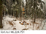 mountain peak sign on the Great Ural Trail on a winter day. Text in Russian: Iremel, bakty, zigalga, zherebchik. Стоковое фото, фотограф Акиньшин Владимир / Фотобанк Лори