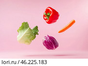 Various colorful vegetables falling at pale pink background. Flying veggie on a plain pastel color backdrop. Healthy food. Detox and dieting concept. Fresh carrot, pepper, broccoli, tomato levitating. Стоковое AI-изображение, AI-художник Марина Демидюк / Фотобанк Лори