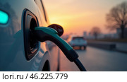 An Electric Vehicle Charging at Sunset in a City, Highlighting Sustainable Transportation and Clean Energy Solutions. Стоковое AI-изображение, AI-художник Sergey Grishin / Фотобанк Лори