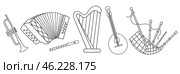 St. Patrick's Day, set of Irish folk musical instruments, guitar, harp, bagpipes, trumpet, fife, accordion, black and white vector linear icon isolated on a white transparent background. Стоковая иллюстрация, иллюстратор Светлана Леуто / Фотобанк Лори
