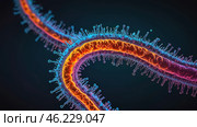 one bacteriao of Mycoplasma pheumoniama. Microscopic View Reveals Vibrant Details of a Bacterium in Captivating Color at the Cellular Scale. Стоковое AI-изображение, AI-художник Оксана Медведева / Фотобанк Лори