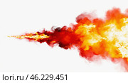 A fiery stream emanates from the left side of the image, increasing towards the right side on a white background. A fiery force similar to an explosion. fire on a white background. Стоковое AI-изображение, AI-художник Антон Слабоспицкий / Фотобанк Лори
