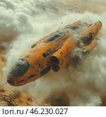 A fantastic spaceship of bright orange color, which lands or crashes on the surface of a desert planet. Clouds of dust rise around, creating the effect of a powerful impact or a hard landing. The vessel looks massive, with visible traces of damage, rust and battle marks, which gives it the ambience of an old, well-worn ship. The design combines elements of retrofuturism and industrial space style with details similar to vintage planes and submarines. The atmosphere of the frame is filled with tension and dynamics. Стоковое AI-изображение, AI-художник Анна Кривицкая / Фотобанк Лори