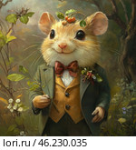 A charming anthropomorphic mouse dressed in an elegant Victorian suit. He wears a green tailcoat, a yellow waistcoat, a white shirt and a red bow tie. On his head lies a small branch with berries, and in his paws he holds a flower branch. On the lapel of his jacket is a boutonniere made of wild berries and leaves. The background of the painting is a magical forest, full of soft sunlight, flowers and greenery. The painting is done in a realistic style with elements of a fairy tale illustration. Стоковое AI-изображение, AI-художник Анна Кривицкая / Фотобанк Лори