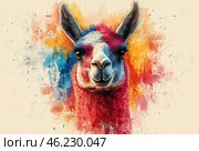 Portrait of a llama in the style of abstract art with bright colors and dynamic brushstrokes. The animal looks directly at the viewer, its face is detailed, with clearly drawn eyes, nose and fur. The main colors are red, blue, white and orange, which create the impression of movement and energy. The background consists of colored splashes and textured brushstrokes, reminiscent of watercolor or graffiti. The overall style of the image combines elements of realism with abstract expression, giving the painting liveliness and artistic originality. Стоковое AI-изображение, AI-художник Анна Кривицкая / Фотобанк Лори