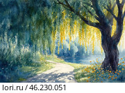 Picturesque nature scene: a large weeping willow leans over a path leading to a lake. Its long, hanging branches with golden hues create an atmosphere of coziness and privacy. Wildflowers grow on both sides of the path, with yellow and orange hues predominating. The lake water reflects the blue sky, and in the background you can see the blurred silhouettes of trees, creating depth of space. The painting is done in watercolor, conveying the softness of light and air. Стоковое AI-изображение, AI-художник Анна Кривицкая / Фотобанк Лори