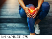 Knee pain, joint inflammation, arthritis and degenerative changes, woman suffering from leg ache and doing self-massage. Стоковое AI-изображение, AI-художник Станислав Тарко / Фотобанк Лори