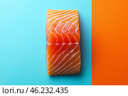 Кусок лосося на цветном фоне. Стоковое AI-изображение, AI-художник Ольга Беляева / Фотобанк Лори