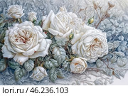An exquisite composition with white roses, executed in the style of an artistic illustration. The roses are revealed in different stages of flowering - from delicate buds to lush, multi-layered inflorescences. Their petals have a fine texture, slightly shaded with beige and golden veins. The background is a patterned, slightly frosty or foggy design, creating an effect of airiness and lightness. The foliage of the roses is executed with the elaboration of the smallest details, conveying realism and grace. The overall coloring of the image is cold, with silvery-blue and gray tones, emphasizing the refined beauty of the flowers. Стоковое AI-изображение, AI-художник Анна Кривицкая / Фотобанк Лори