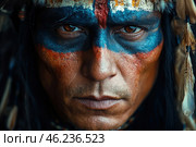 A powerful portrait of a man with a painted face. His gaze is intense and piercing, creating a sense of strength, determination and wisdom. His skin is decorated with traditional martial patterns, done in rich shades of blue, red and black. These colors contrast with his tanned skin, highlighting the details and texture of his face.He wears a feathered headdress, which may indicate its cultural affiliation or ritual significance. The lighting emphasizes the depth of the image, highlighting every wrinkle and pore on the skin, creating a highly realistic effect. The background is darkened, increasing the focus on the face and details of the makeup. Стоковое AI-изображение, AI-художник Анна Кривицкая / Фотобанк Лори