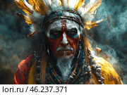 A portrait of an elderly shaman or chieftain, dressed in traditional attire with feathers, beads and furs. His face is adorned with bright ritual paint in red, black and white, highlighting his stern, penetrating gaze. On his head he wears a massive feathered headdress, and his clothing is richly decorated with beads, bone and leather. Smoke rises around him, creating a mystical, spiritual atmosphere. The image conveys strength, wisdom and a connection with nature. Стоковое AI-изображение, AI-художник Анна Кривицкая / Фотобанк Лори