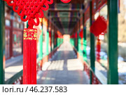 Red traditional Chinese rows are suspended along the edge of the tiled roof. The Palace park (Forbidden City) located in Beijing, China (2024 год). Стоковое фото, фотограф Кекяляйнен Андрей / Фотобанк Лори
