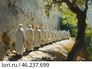 A group of people dressed in long white robes with hoods walking along a narrow mountain path. They move in a column, heading along a rock that dominates the scene. The light and shadows create an effect of mystery, and the tree in the foreground adds depth to the image. The atmosphere is mystical, perhaps depicting a religious process, a pilgrimage, or a secret brotherhood. Стоковое AI-изображение, AI-художник Анна Кривицкая / Фотобанк Лори
