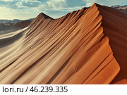 Majestic sand dunes under clear blue sky in desert landscape. Стоковое AI-изображение, AI-художник Olga Didraga / Фотобанк Лори