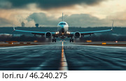 Plane landing on a wet runway at sunset with dramatic clouds. Стоковое AI-изображение, AI-художник Katsiaryna Repich / Фотобанк Лори