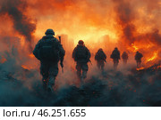 A group of soldiers moving through a destroyed city engulfed in fire and smoke. They are dressed in tactical gear and carry weapons. In the background, burning buildings, thick black clouds of smoke and the orange-red glow of a fire are visible. The atmosphere of the scene is tense, creating a sense of a post-apocalyptic war or battle in conditions of complete devastation. The picture conveys the drama, danger and hopelessness of a military conflict. Стоковое AI-изображение, AI-художник Анна Кривицкая / Фотобанк Лори