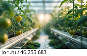 Greenhouse gardening with growing tomato plants and watering system in afternoon light. Стоковое AI-изображение, AI-художник Сергей Толмачёв / Фотобанк Лори