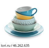 Set of stylish dinnerware on white background. Стоковое фото, фотограф Pixel_shot / Фотобанк Лори
