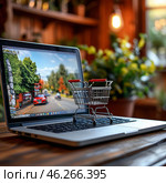 Интернет покупки / A small cart from the supermarket is on the laptop keyboard. The concept of online trading. Стоковое AI-изображение, AI-художник Евгения Харлампьева / Фотобанк Лори