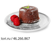 Plate with tasty lava cake fondant and raspberry on white background. Стоковое фото, фотограф Pixel_shot / Фотобанк Лори