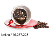 Cup with spent coffee grounds for fortune telling on white background. Стоковое фото, фотограф Pixel_shot / Фотобанк Лори