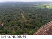Вид на водный сад ( water garden ) с вершины Львиной скалы,  руины крепости Сигирия (Sigiriya). Шри-Ланка. Стоковое фото, фотограф Дымов Игорь / Фотобанк Лори