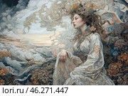 An elegant girl in an exquisite dress with oriental motifs. Her hair flutters and intertwines with airy patterns, clouds and decorative elements, creating a sense of magic and merging with nature. The attire is decorated with complex ornaments and floral motifs, and the color palette is made in soft pastel shades - cream, gold, gray-blue and brown. The girl looks thoughtful and majestic, and the surrounding atmosphere is filled with a sense of harmony, lightness and mysticism. Стоковое AI-изображение, AI-художник Анна Кривицкая / Фотобанк Лори