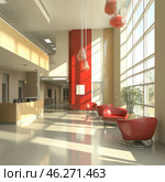 A spacious and modern lobby, decorated in a minimalist style. High ceilings, large panoramic windows that let in natural light, and a combination of light and bright accents create a stylish and cozy atmosphere. In the center of the composition are red designer chairs with metal legs, located along the wall decorated with a red panel. Pendant lamps in the form of glass capsules complement the interior, and the reception is designed in a laconic style with wooden trim. The polished floor reflects sunlight, enhancing the feeling of space and cleanliness. Стоковое AI-изображение, AI-художник Анна Кривицкая / Фотобанк Лори