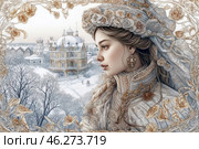 A young woman in a traditional Russian dress, decorated with exquisite gold details and lace. Her headdress is a richly decorated kokoshnik-like veil with delicate floral motifs. The heroine's face expresses thoughtfulness and nobility, and massive gold earrings shine in her ears. The background is a winter landscape with a majestic mansion in the style of Russian architecture, surrounded by snow-covered trees. An ornate frame of golden flowers complements the composition, creating the effect of an old illustration or miniature. The atmosphere of the image is reminiscent of the era of Tsarist Russia, conveying the spirit of history, romance and fairy tales. Стоковое AI-изображение, AI-художник Анна Кривицкая / Фотобанк Лори